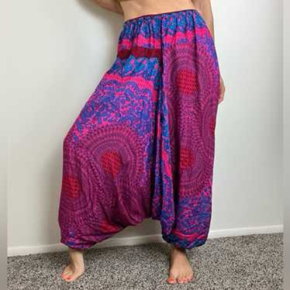 Source Unknown Pink And Blue Patterned Harem Pant… - image 1